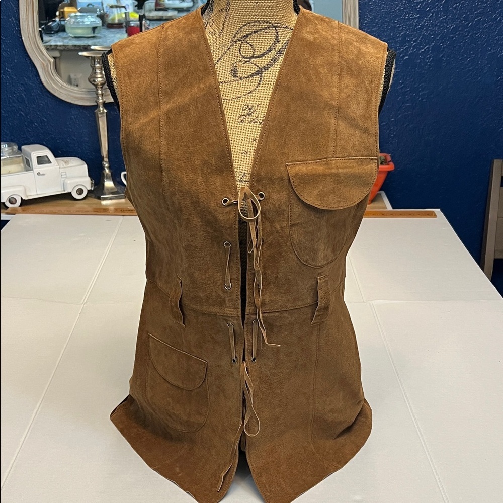 ZARA BROWN LEATHER LACE-UP FESTIVAL BOHO VEST SIZE MEDIUM
